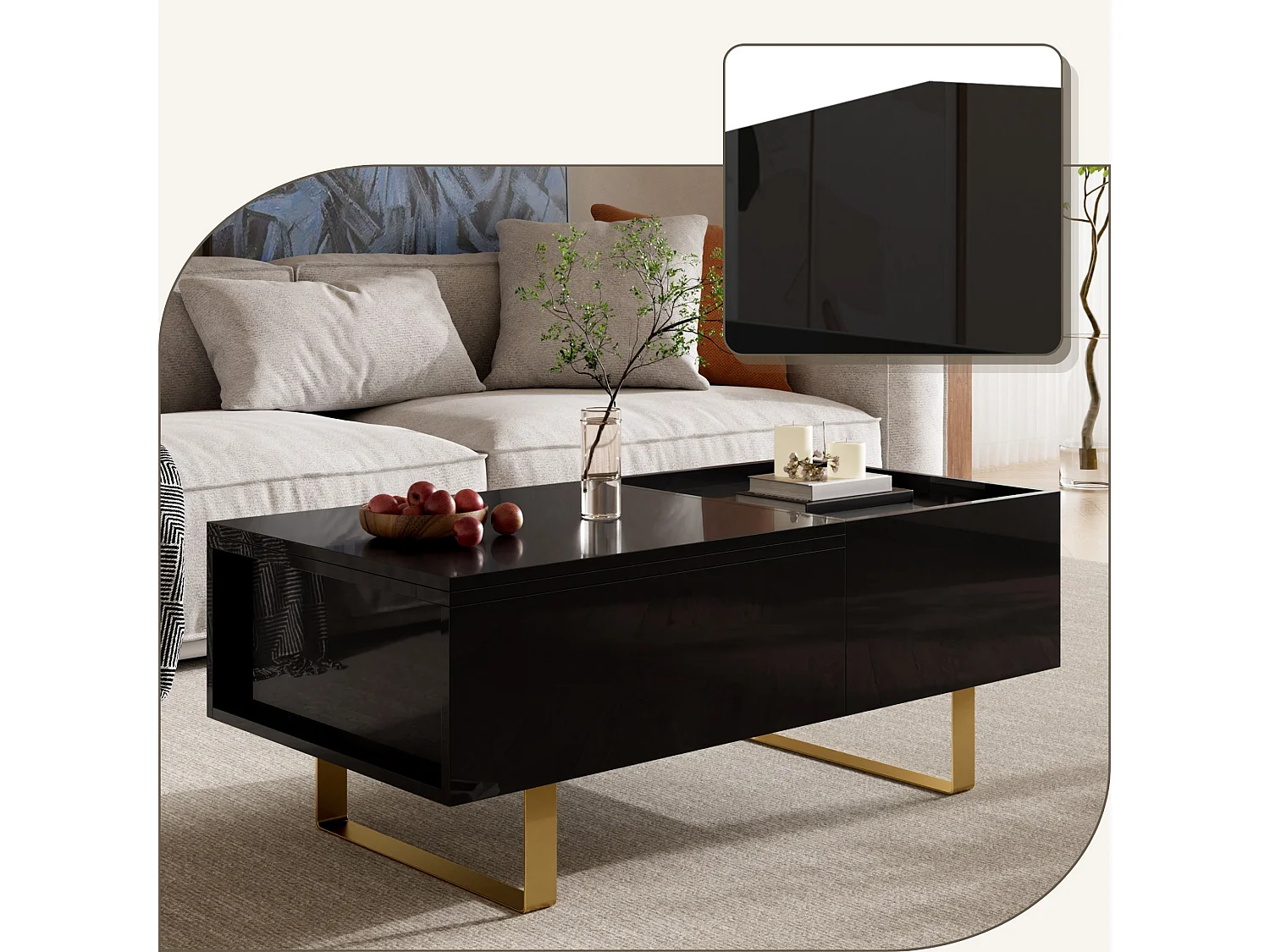 Moderne salontafel met hefblad, lade en verborgen opbergruimte voor de woonkamer