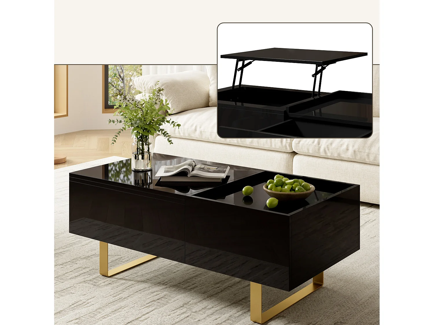 Moderne salontafel met hefblad, lade en verborgen opbergruimte voor de woonkamer