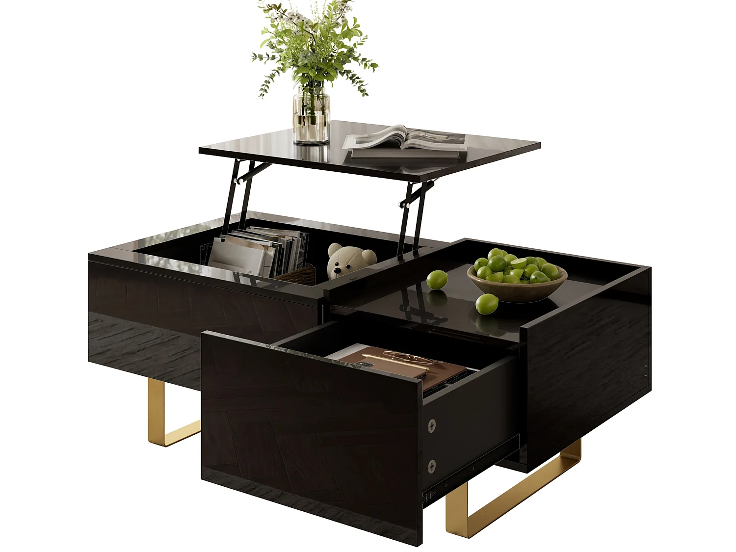 Moderne salontafel met hefblad, lade en verborgen opbergruimte voor de woonkamer