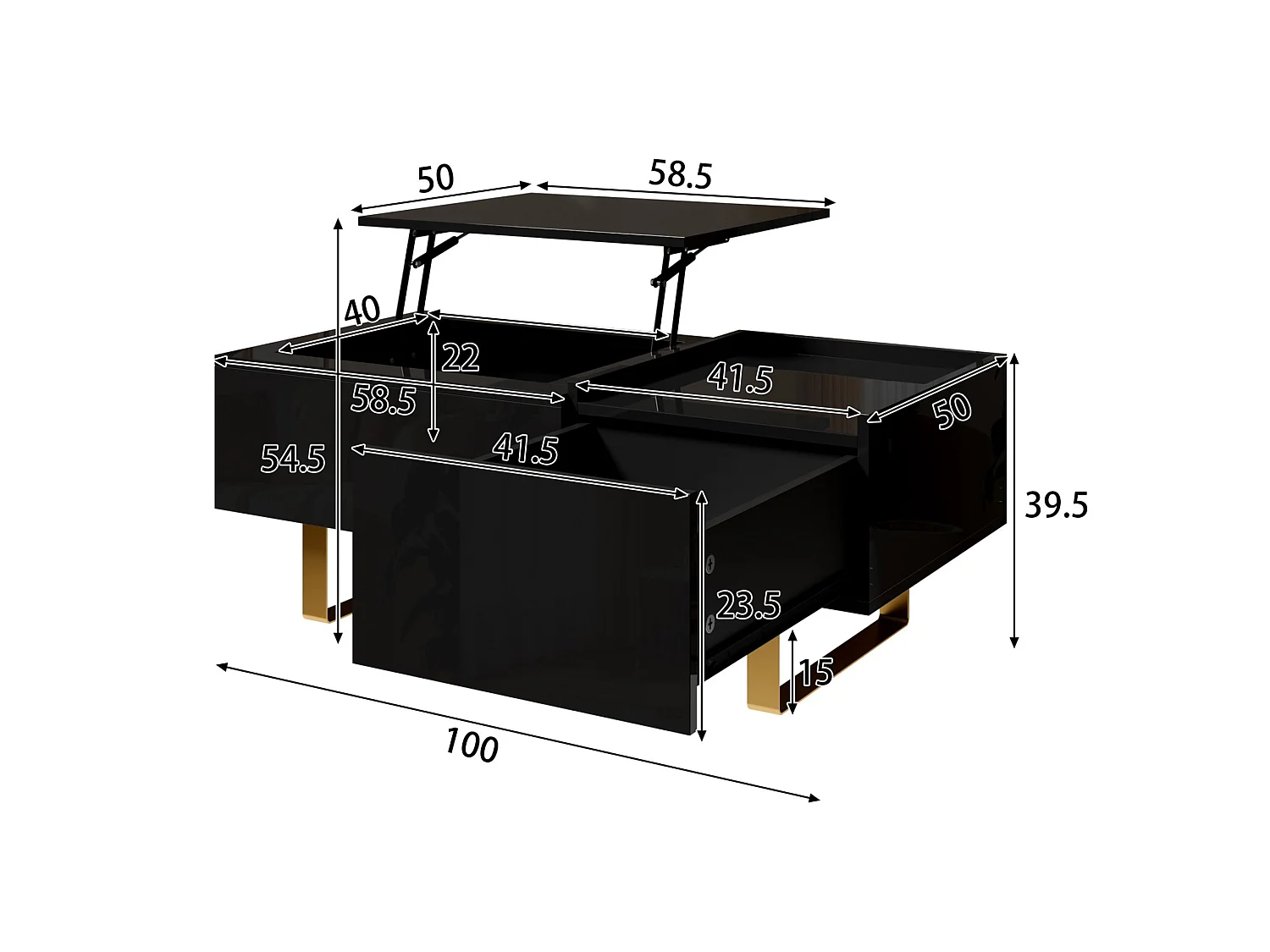Moderne salontafel met hefblad, lade en verborgen opbergruimte voor de woonkamer
