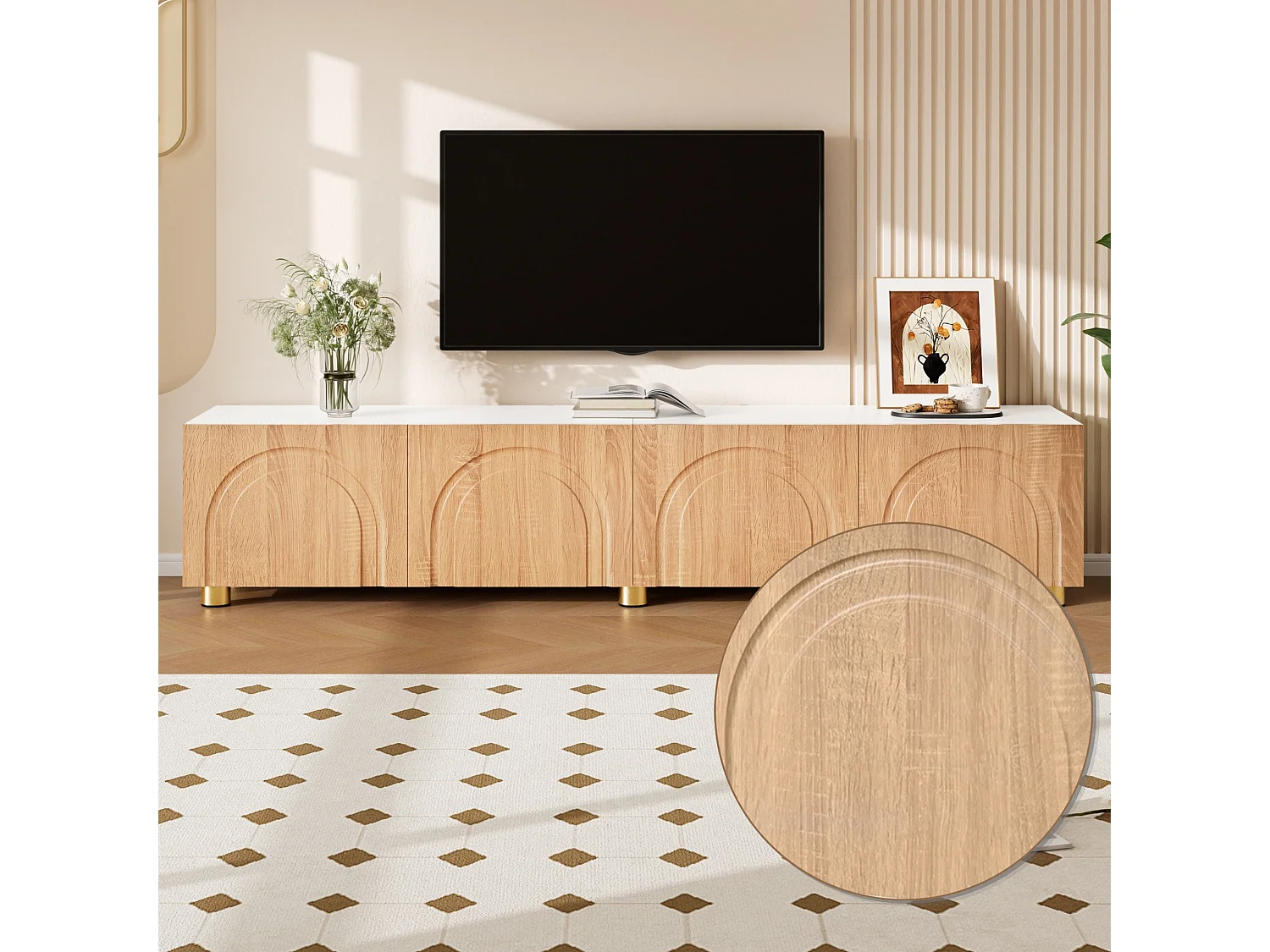 Meuble TV bas 180 cm avec 4 portes, rangement fermé et pieds en métal
