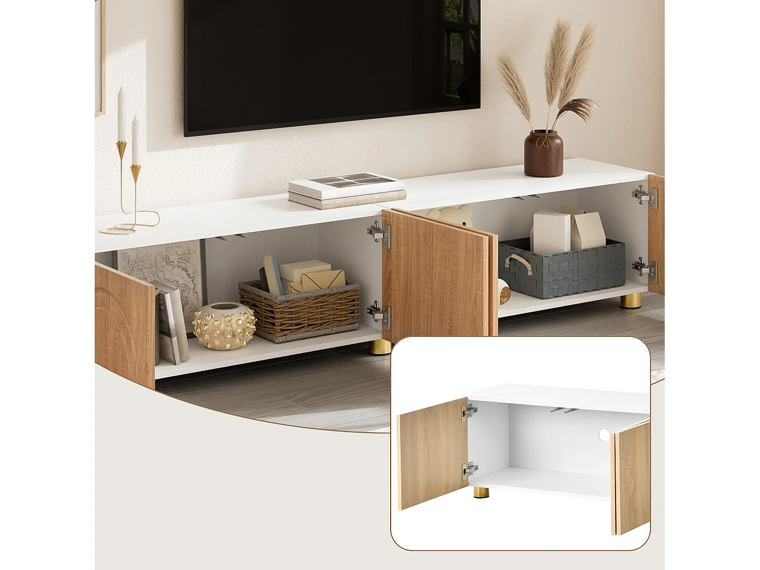 Meuble TV bas 180 cm avec 4 portes, rangement fermé et pieds en métal