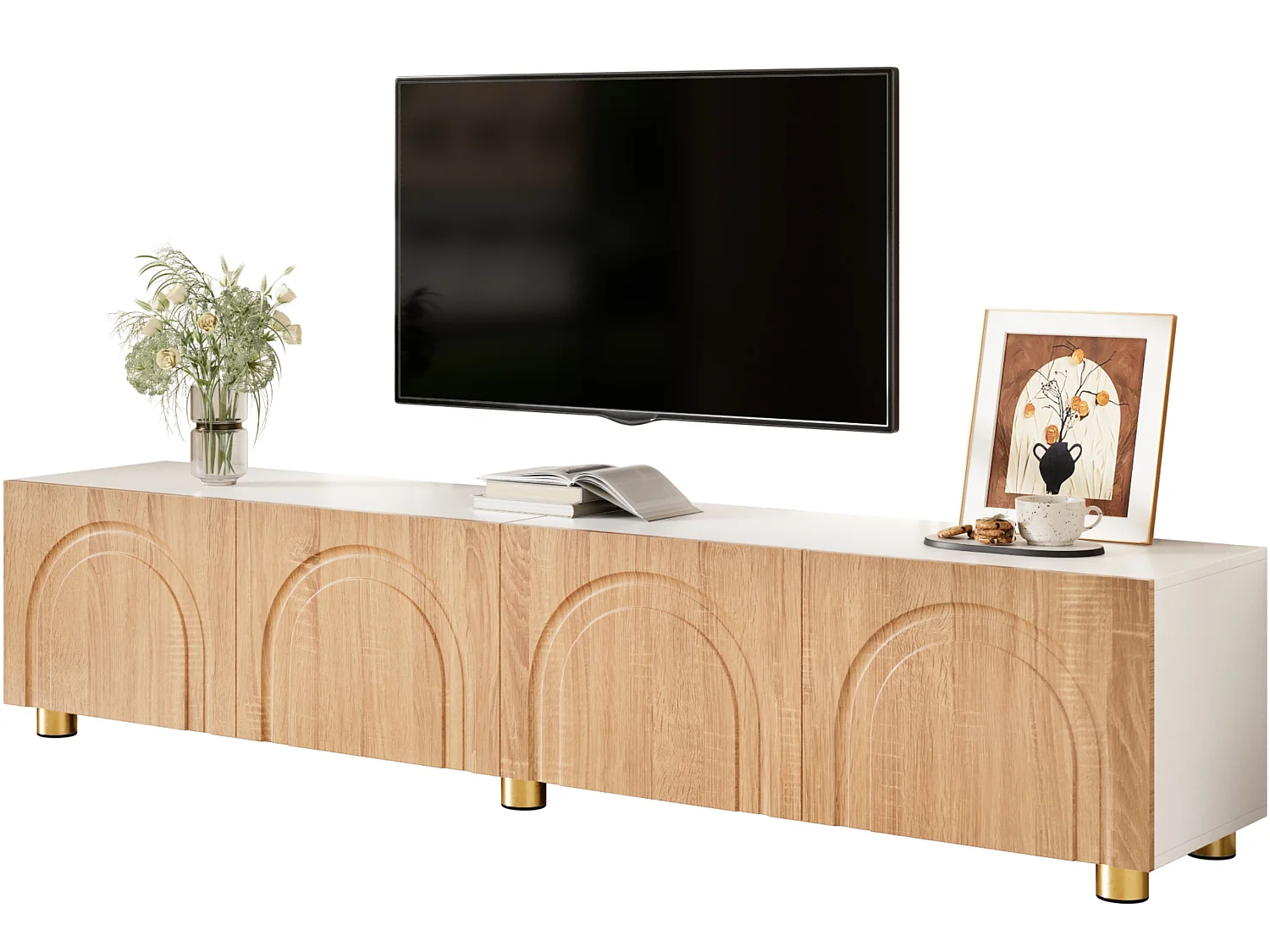 Meuble TV bas 180 cm avec 4 portes, rangement fermé et pieds en métal
