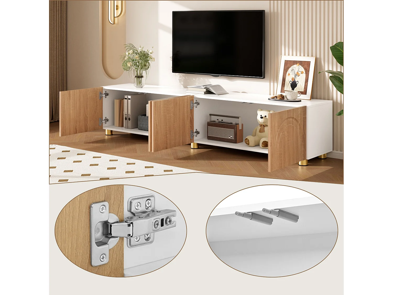 Meuble TV bas 180 cm avec 4 portes, rangement fermé et pieds en métal