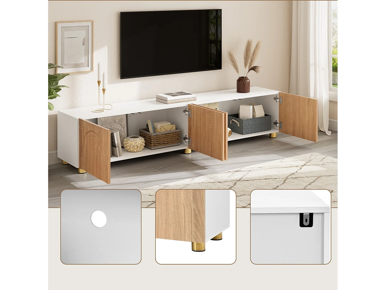 Meuble TV bas 180 cm avec 4 portes, rangement fermé et pieds en métal