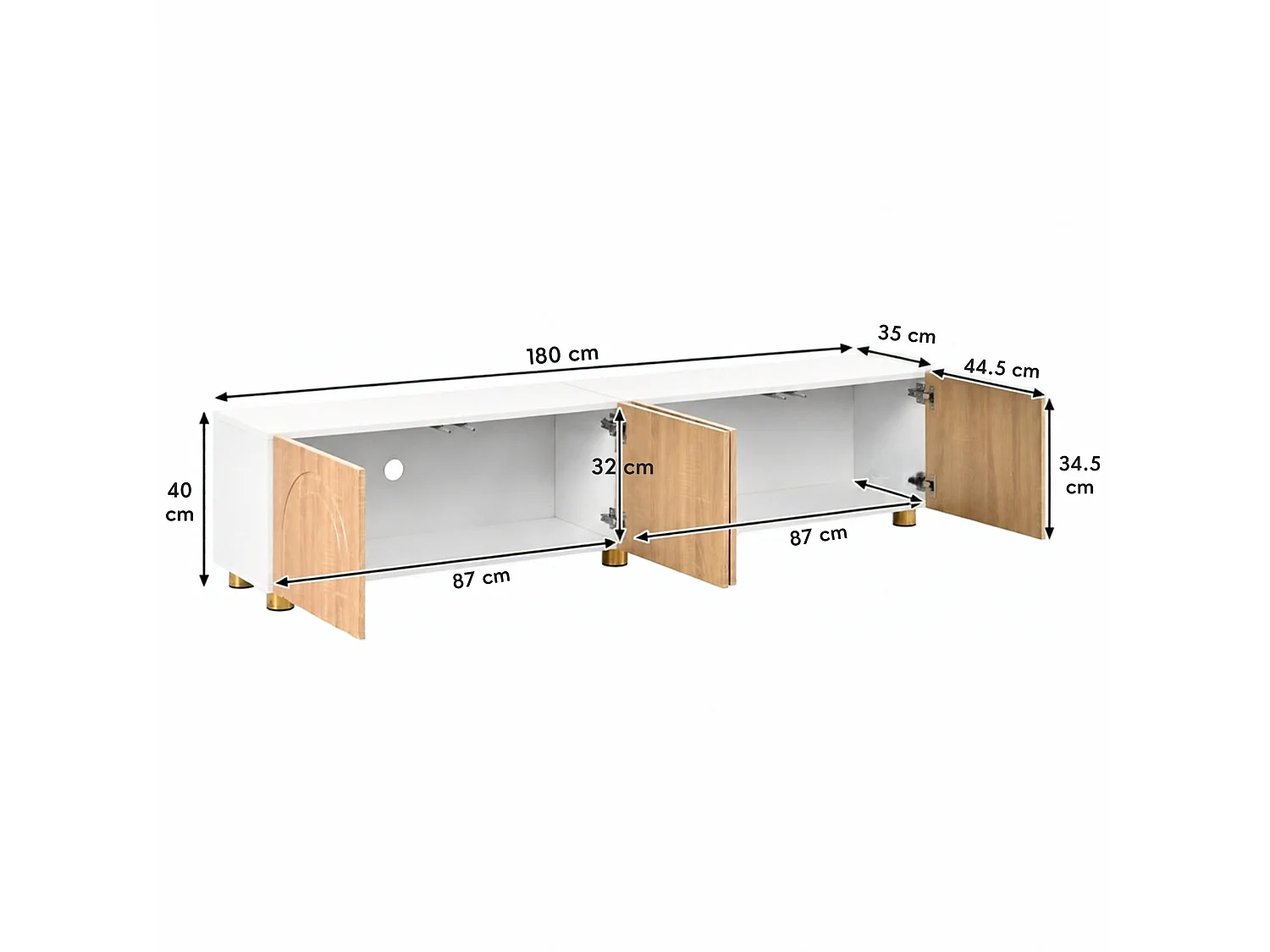Meuble TV bas 180 cm avec 4 portes, rangement fermé et pieds en métal