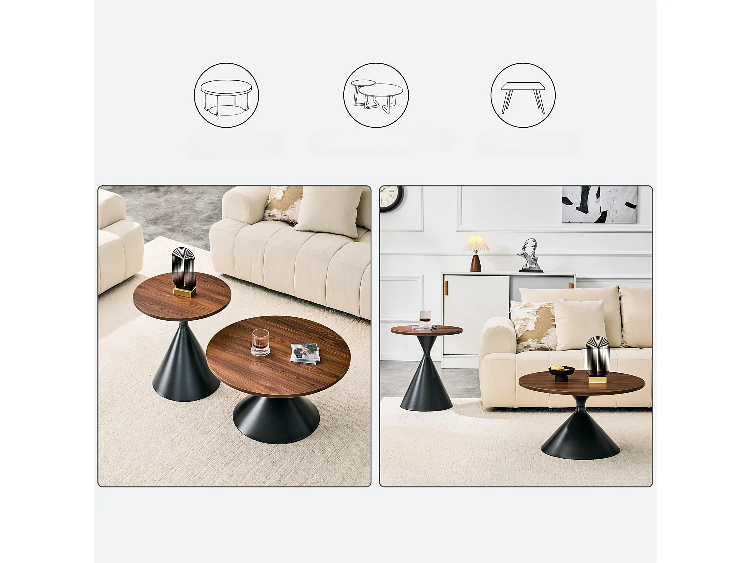 Set de 2 tables basses rondes aspect bois avec bases métalliques coniques