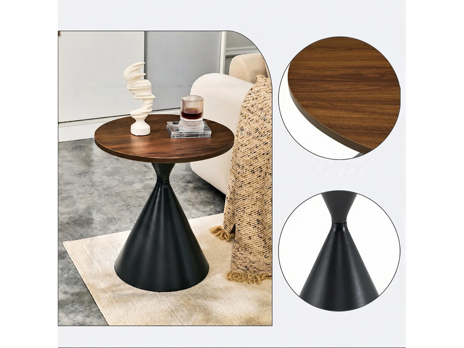 Set de 2 tables basses rondes aspect bois avec bases métalliques coniques