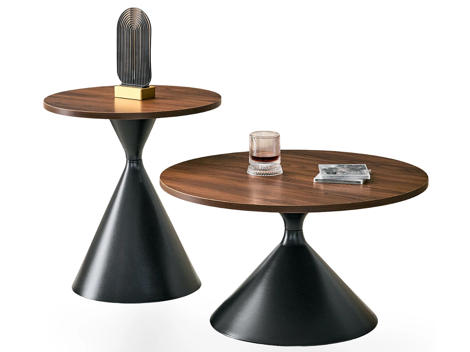 Set de 2 tables basses rondes aspect bois avec bases métalliques coniques