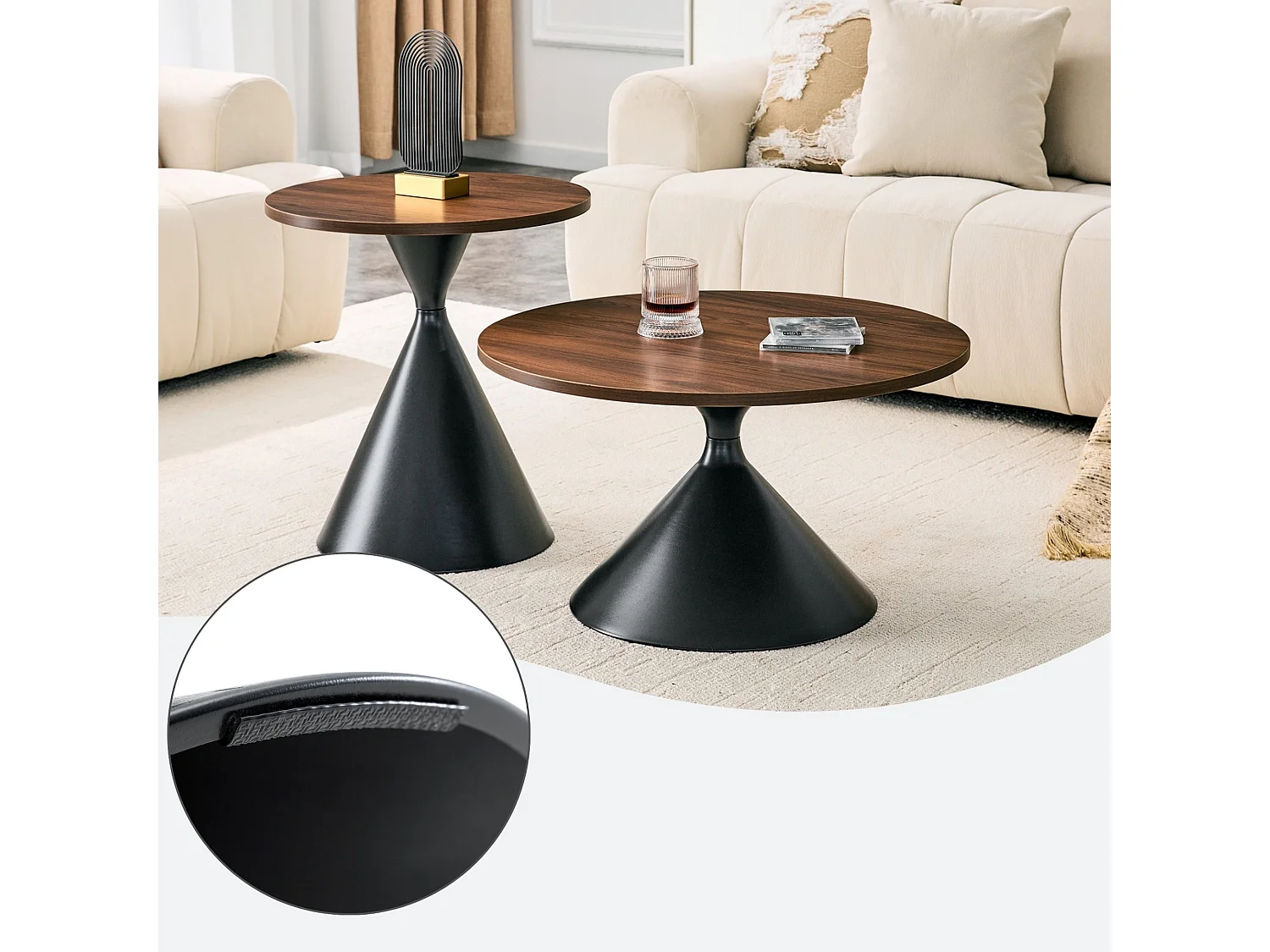 Set de 2 tables basses rondes aspect bois avec bases métalliques coniques