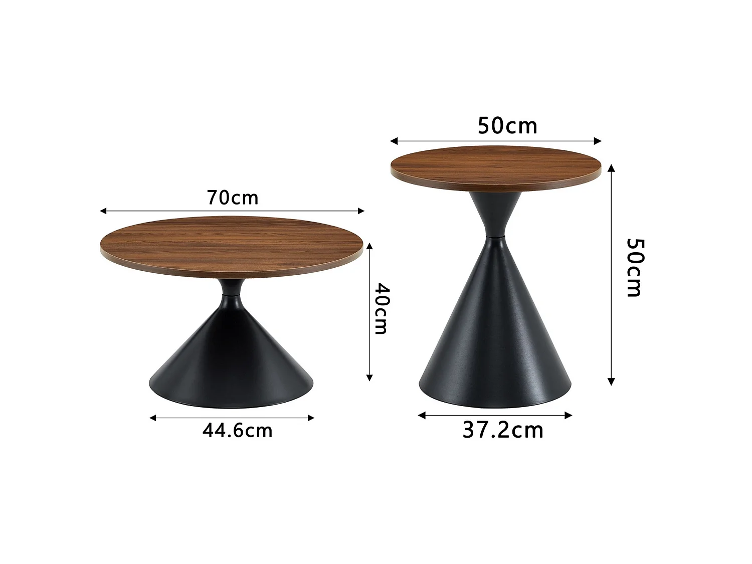 Set de 2 tables basses rondes aspect bois avec bases métalliques coniques
