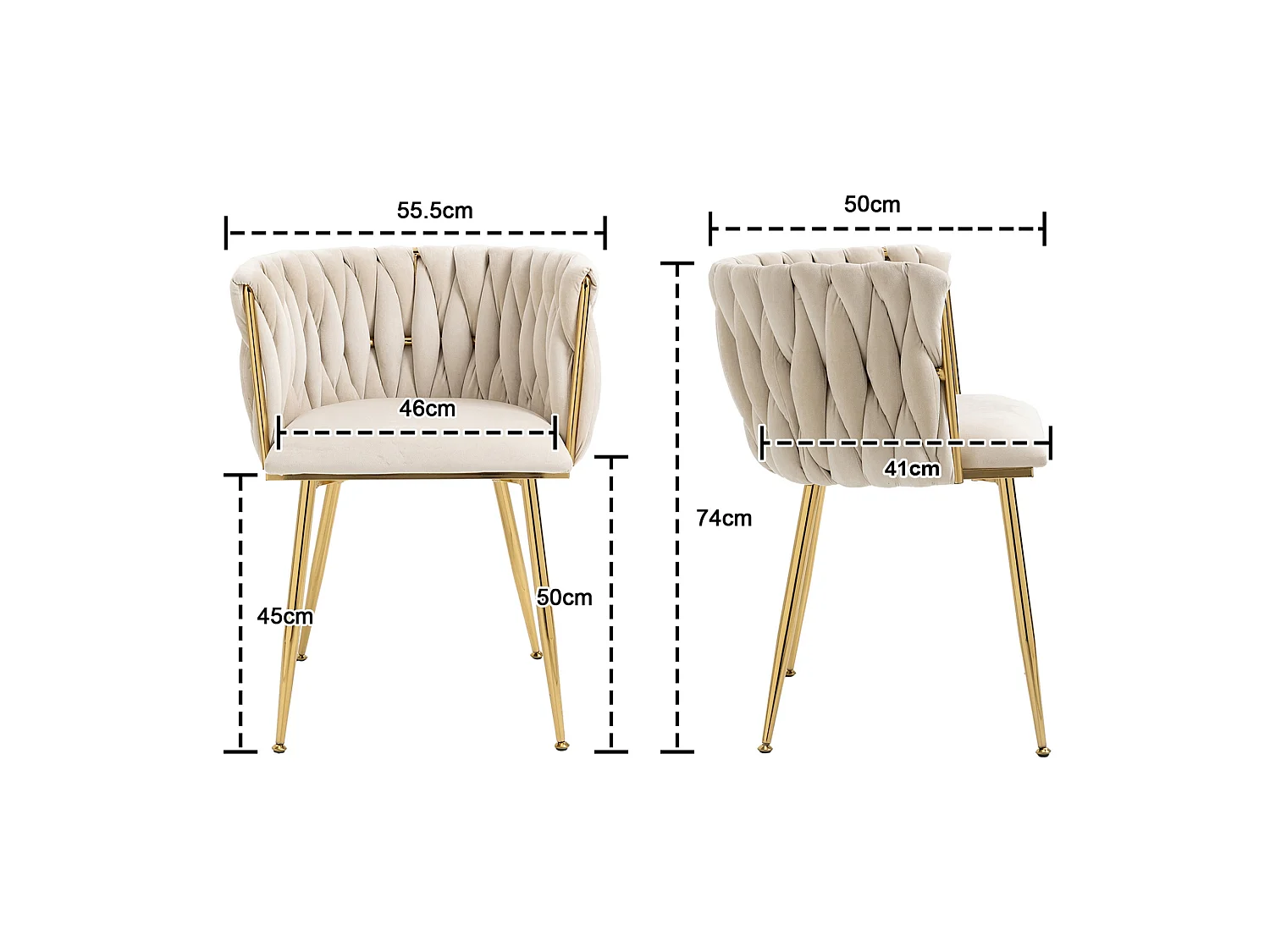 Lot de 2 chaises de salle à manger en velours avec dossier enveloppant tressé et pieds en fer