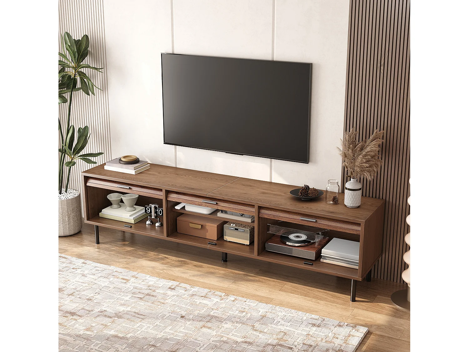 Mobile TV basso 180 cm con 3 ante scorrevoli verticali, passacavi e vani