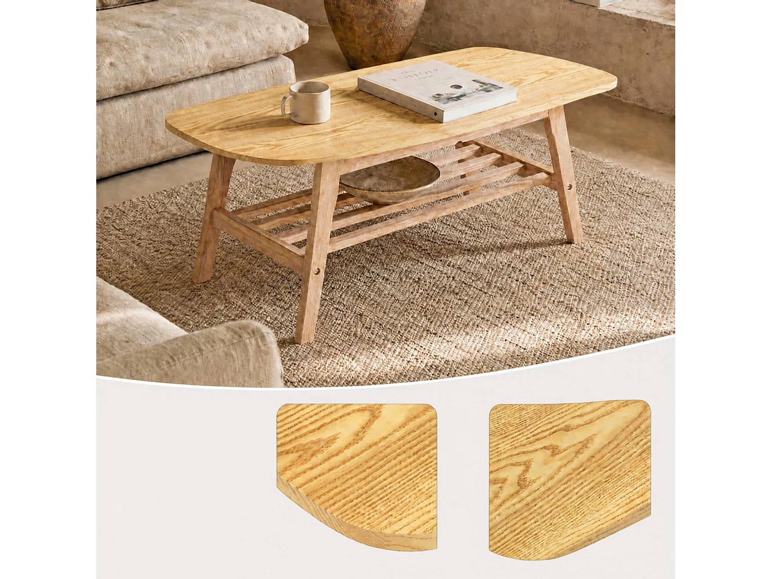Salontafel met twee niveaus, lattenplank en tafelblad met afgeronde hoeken