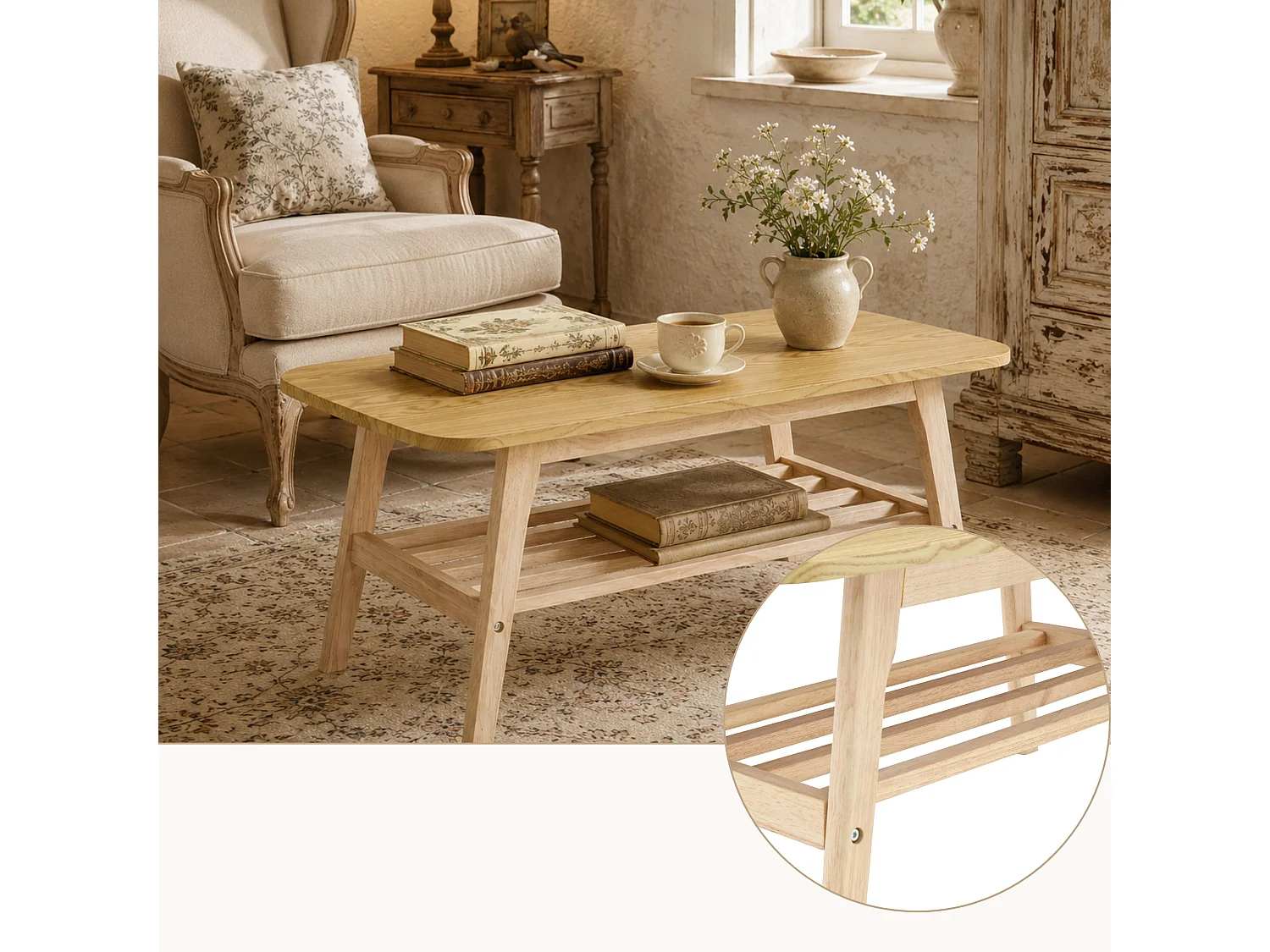 Salontafel met twee niveaus, lattenplank en tafelblad met afgeronde hoeken