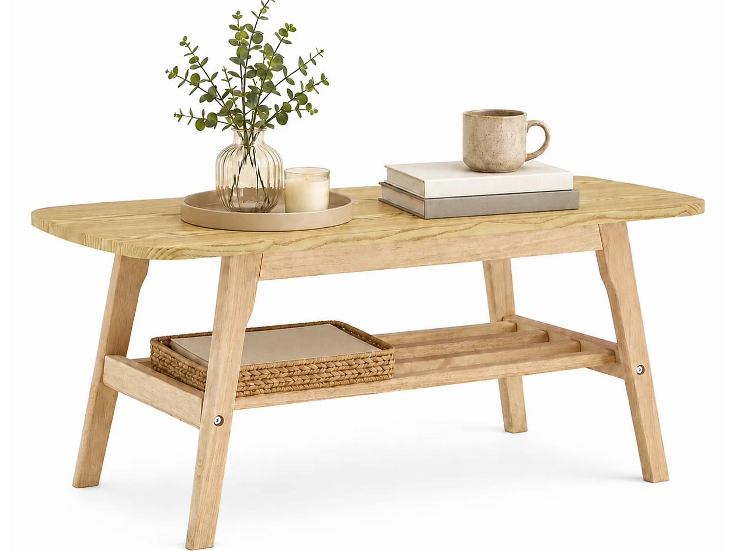 Salontafel met twee niveaus, lattenplank en tafelblad met afgeronde hoeken