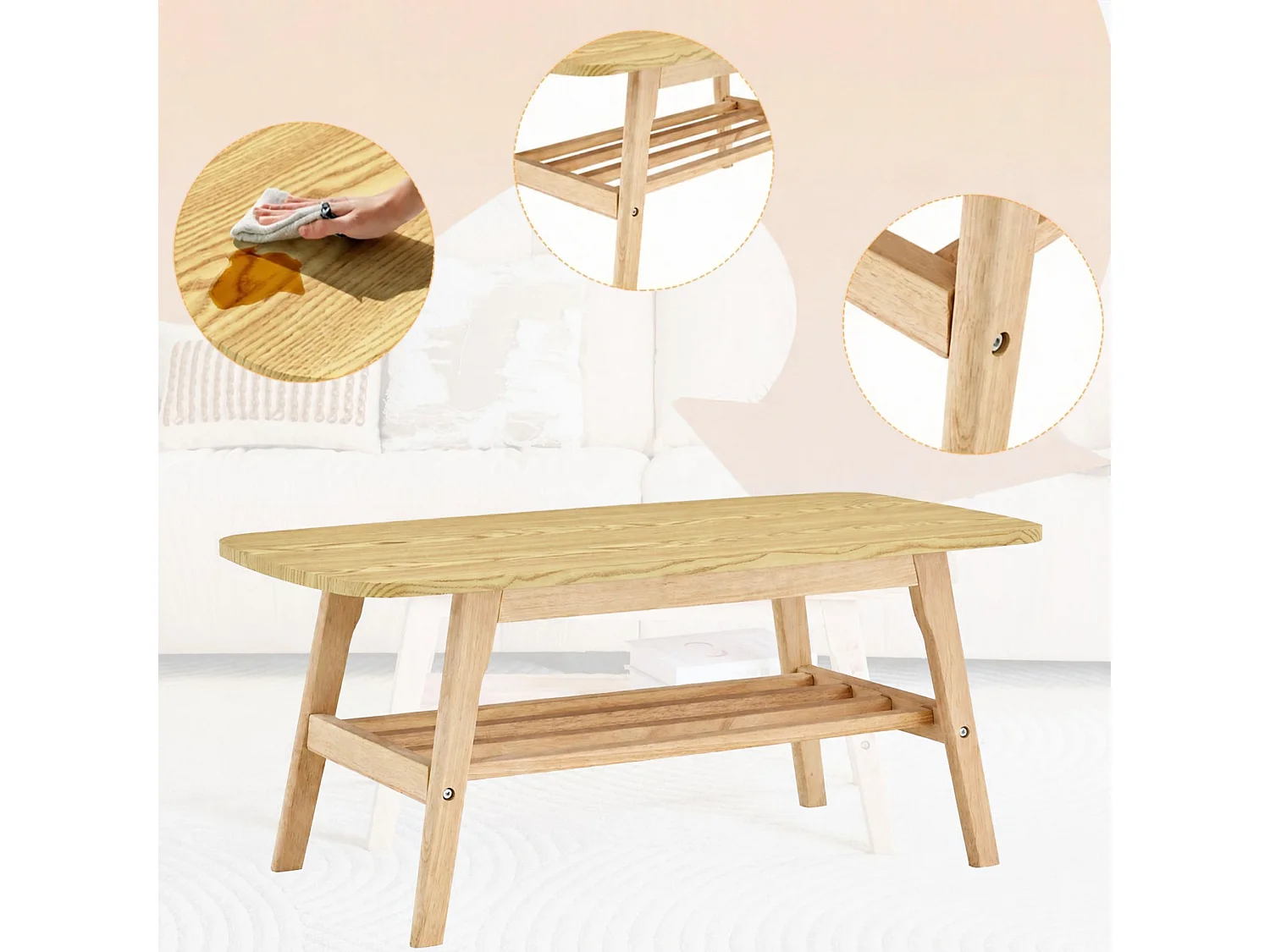 Salontafel met twee niveaus, lattenplank en tafelblad met afgeronde hoeken