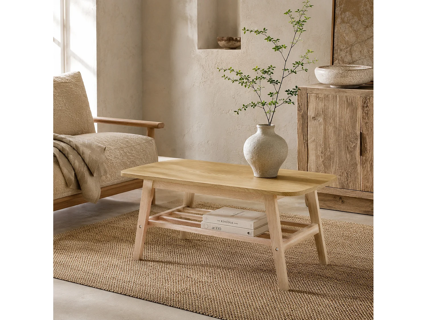 Salontafel met twee niveaus, lattenplank en tafelblad met afgeronde hoeken