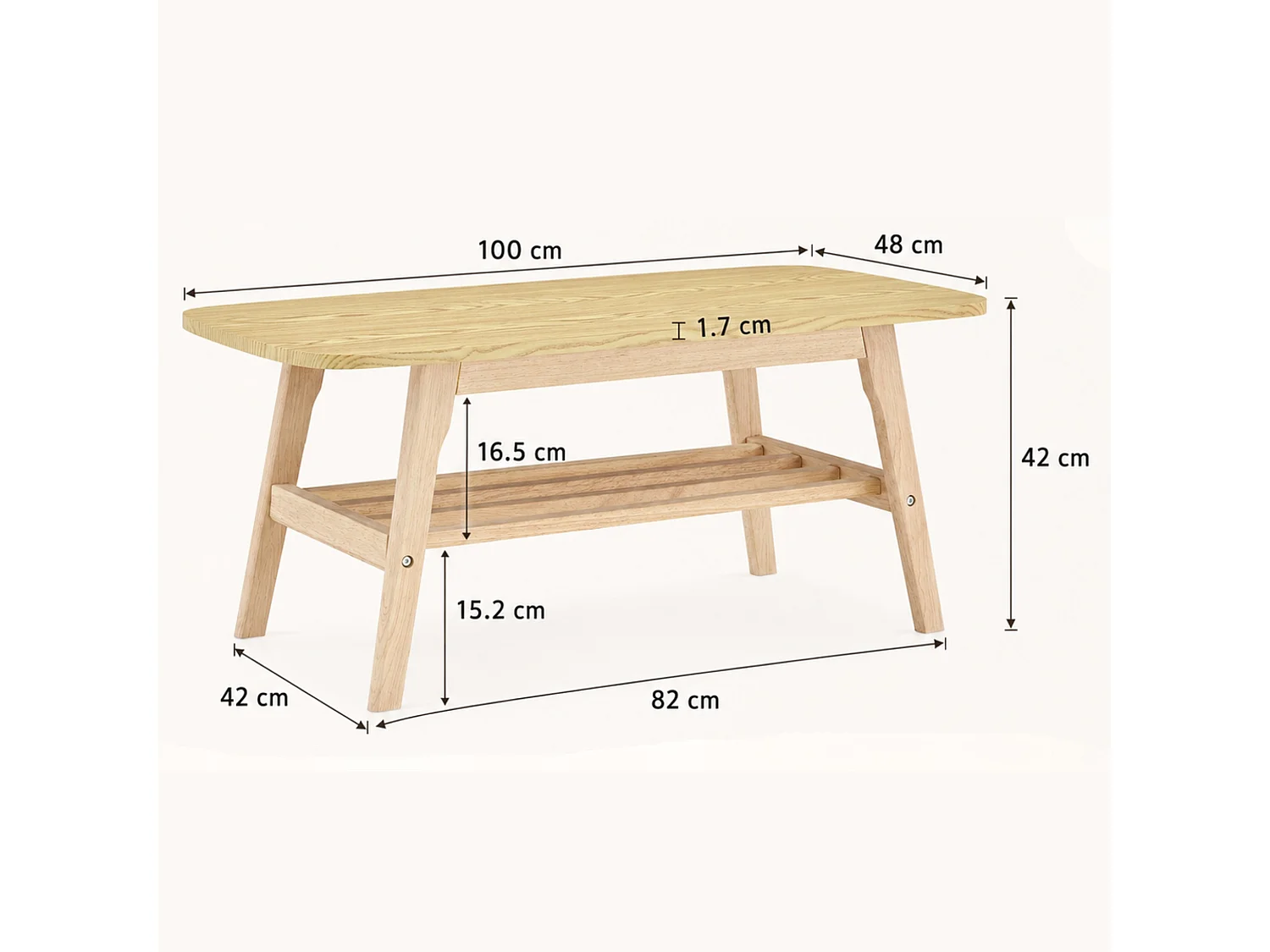 Salontafel met twee niveaus, lattenplank en tafelblad met afgeronde hoeken
