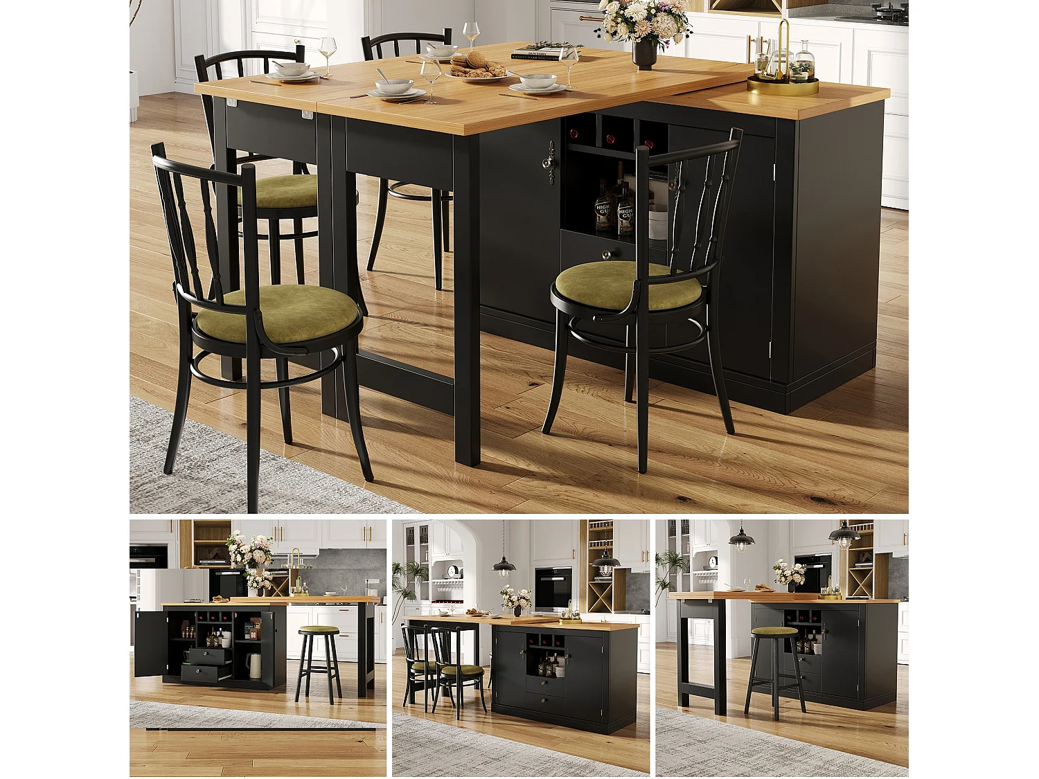 Mesa de comedor extensible con mueble de almacenamiento y giro 120 a 180 x 40 cm