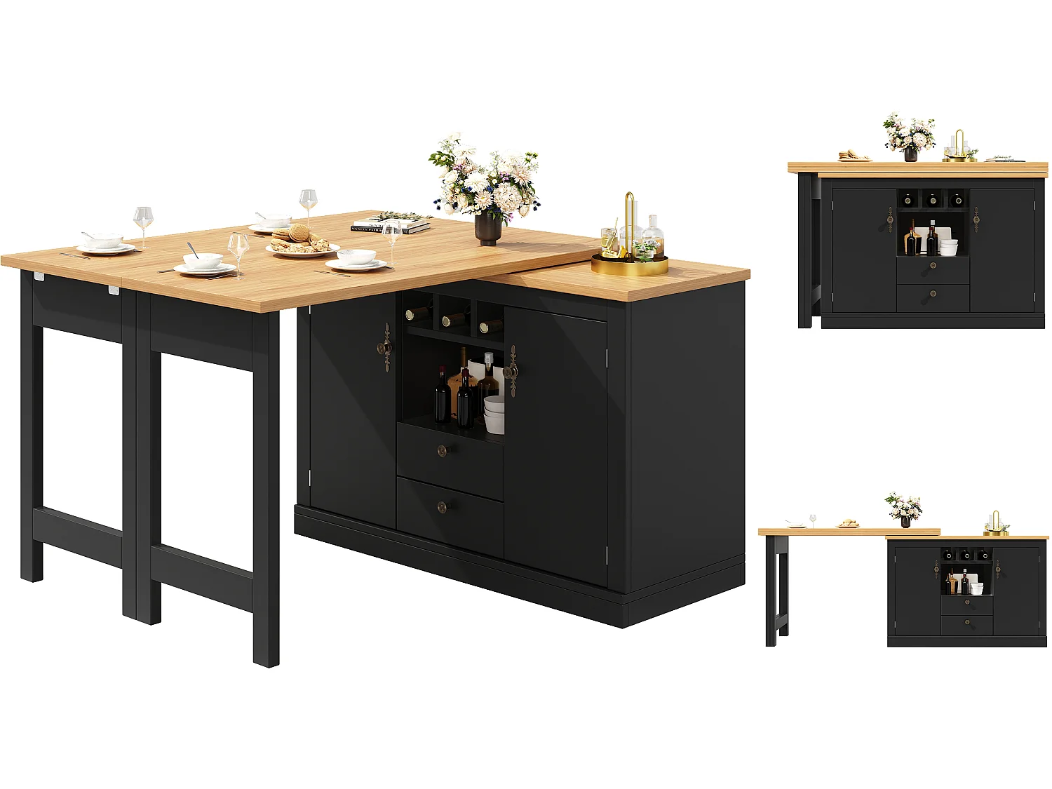 Mesa de comedor extensible con mueble de almacenamiento y giro 120 a 180 x 40 cm