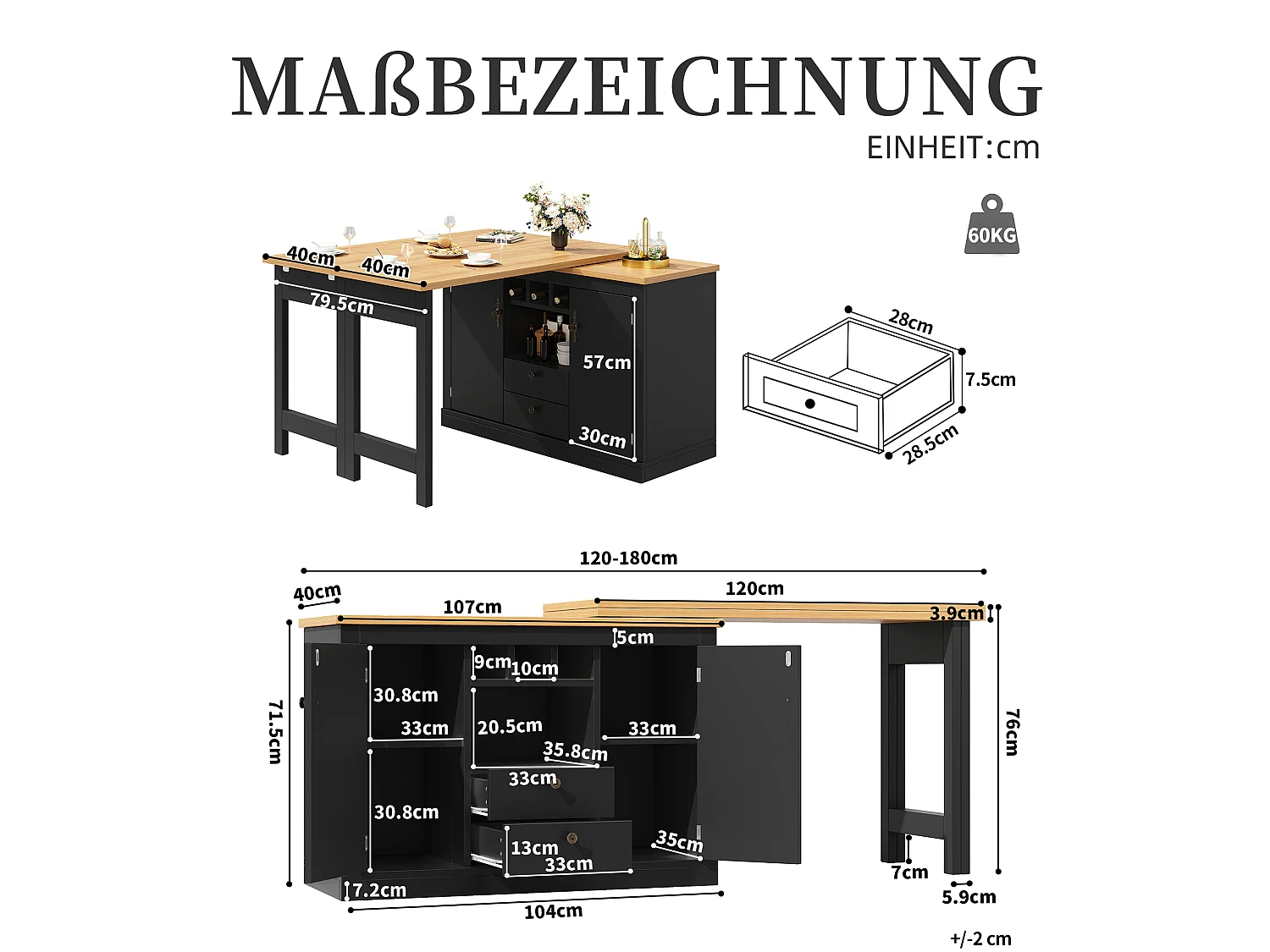Mesa de comedor extensible con mueble de almacenamiento y giro 120 a 180 x 40 cm