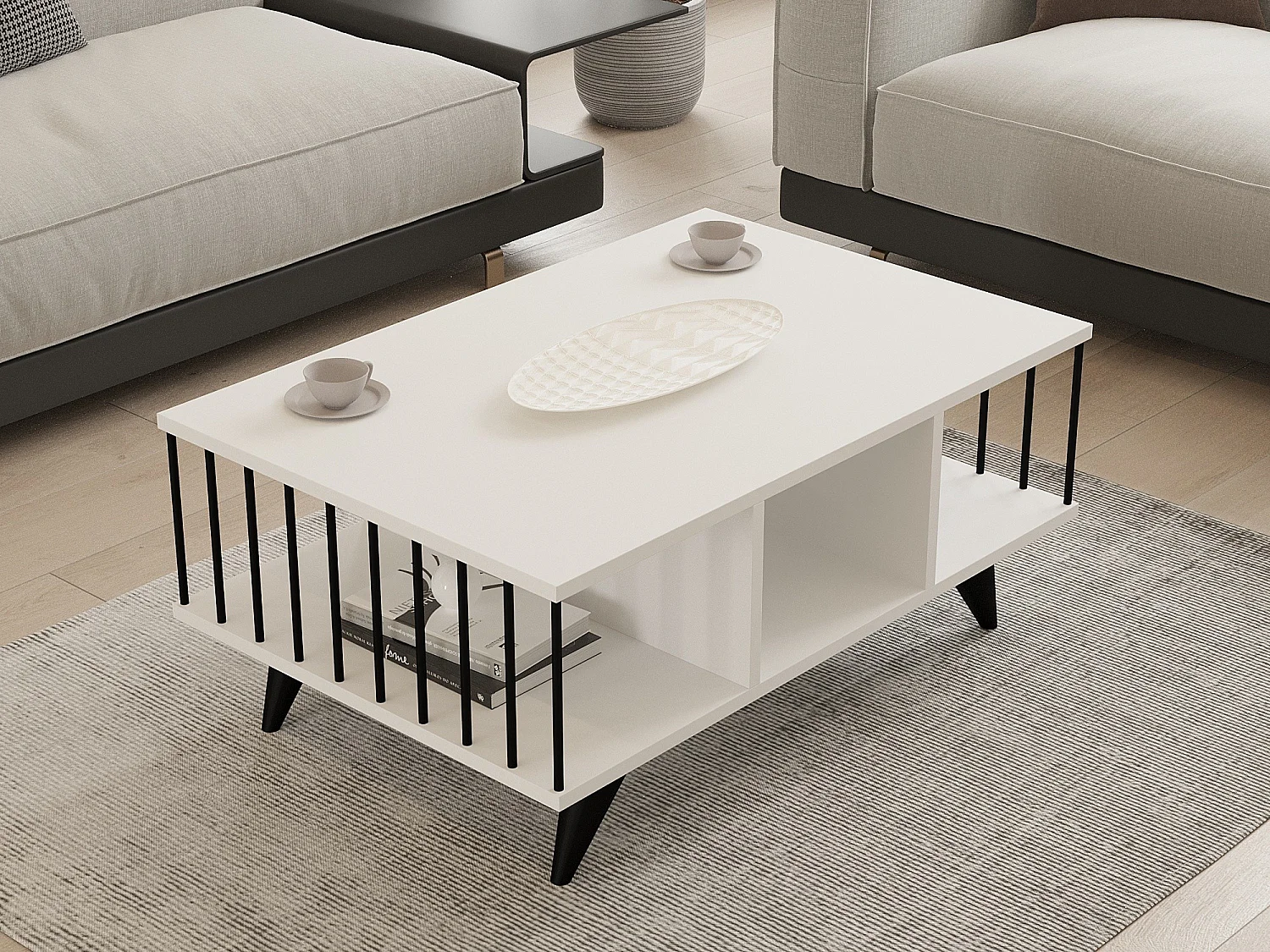 Modern Vit Trä Kaffebord "Bert" - 90 x 60 x 40 cm - 3 Hyllor