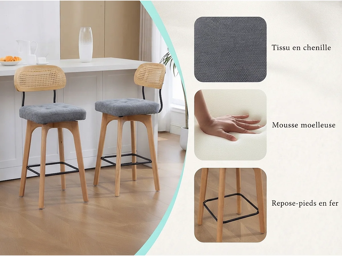 Lot de 2 Tabourets de Bar Pivotants avec Dossier Effet Rotin et Assise en Chenille Beige, Piètement Bois et Métal, Design pour Îlot Central et Cuisine