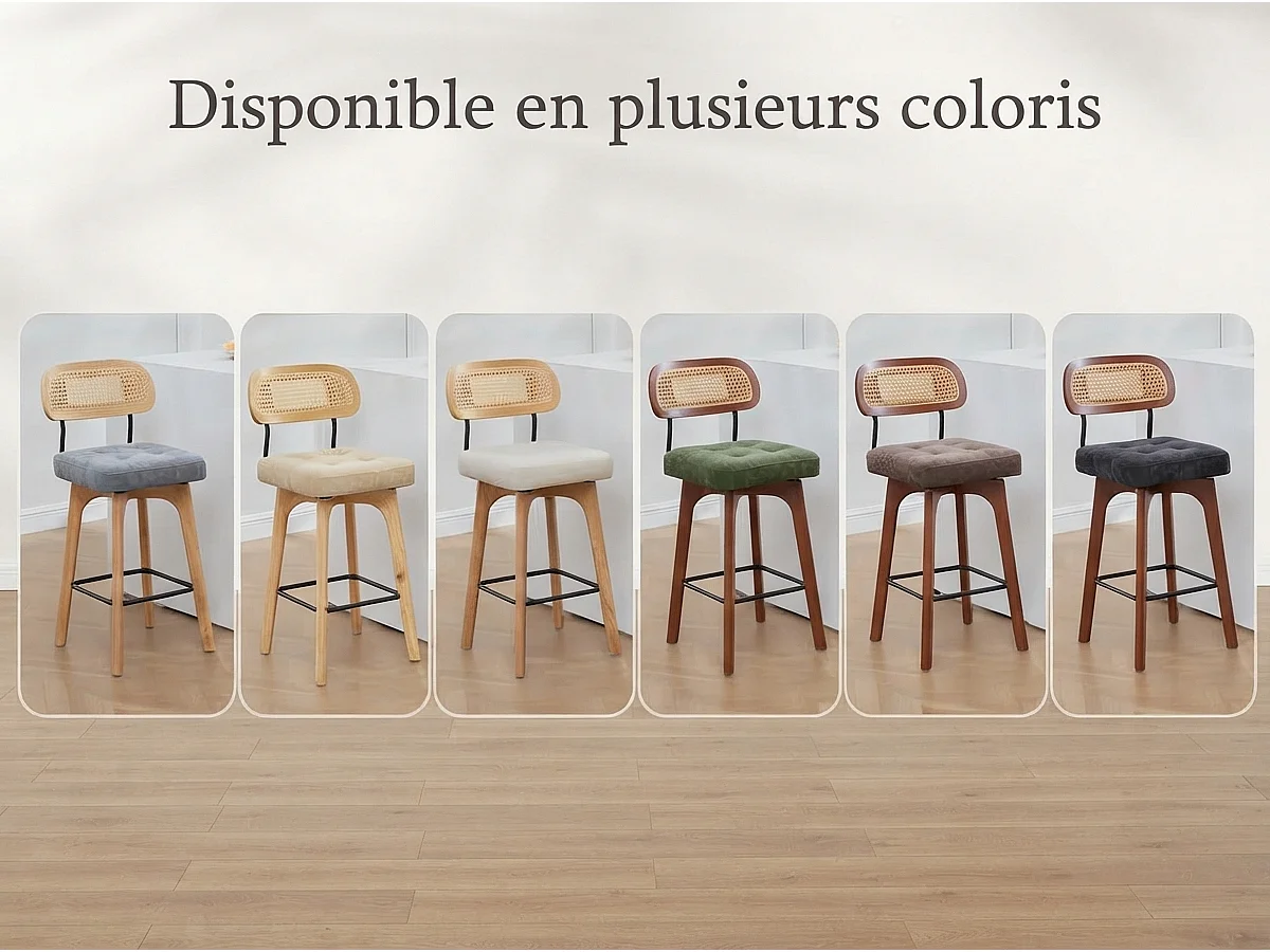 Lot de 2 Tabourets de Bar Pivotants avec Dossier Effet Rotin et Assise en Chenille Beige, Piètement Bois et Métal, Design pour Îlot Central et Cuisine