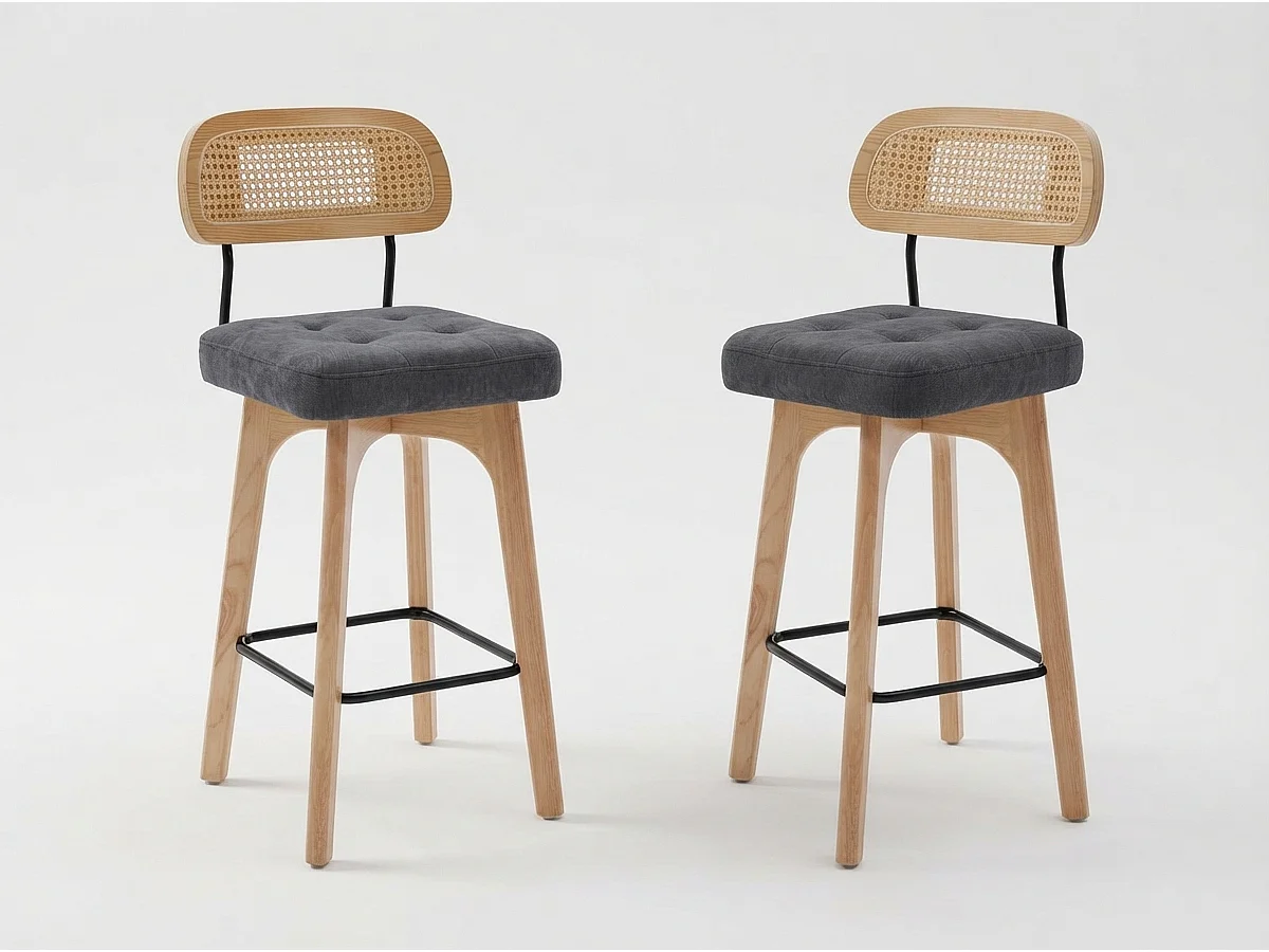 Lot de 2 Tabourets de Bar Pivotants avec Dossier Effet Rotin et Assise en Chenille Beige, Piètement Bois et Métal, Design pour Îlot Central et Cuisine