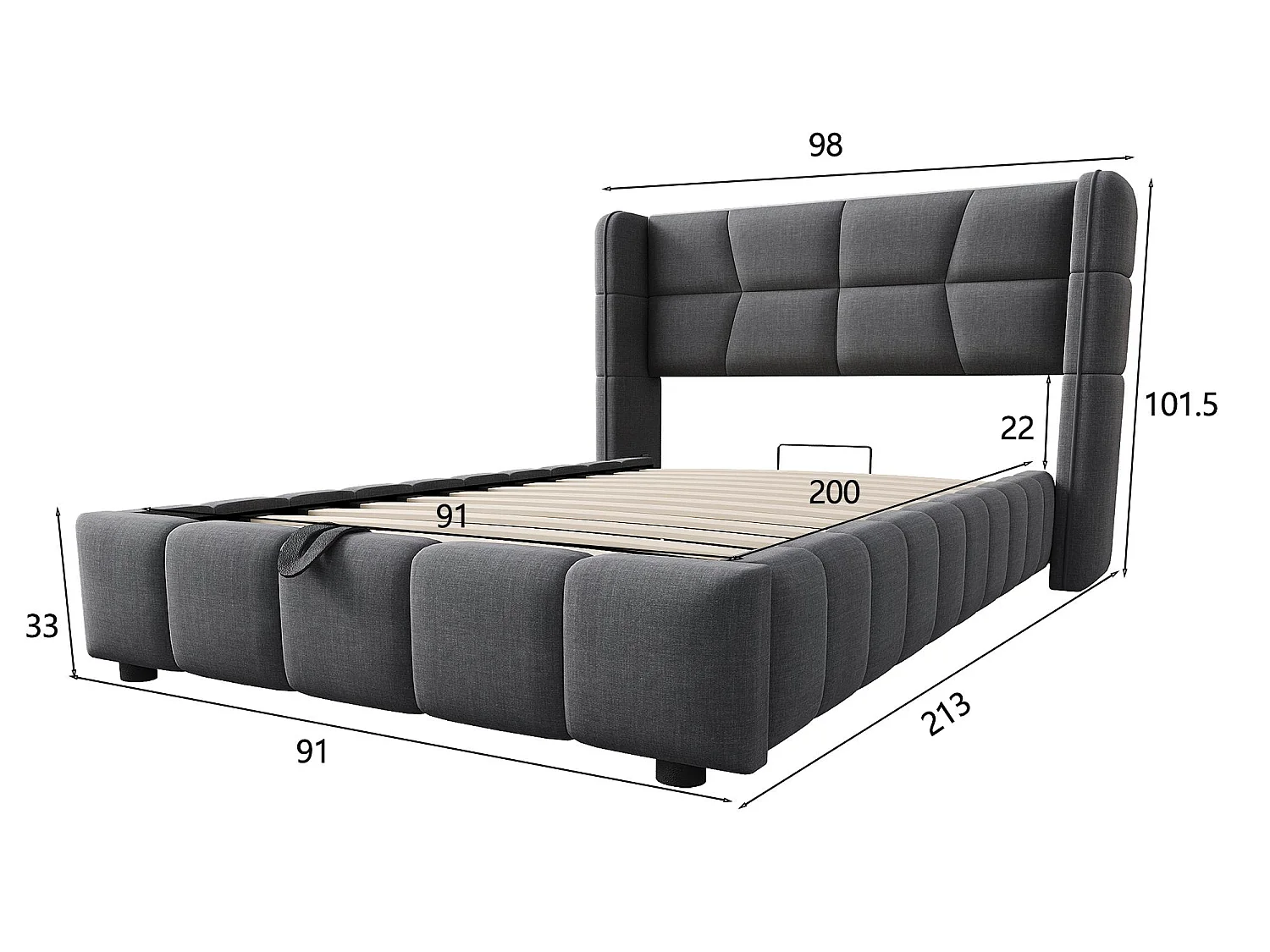 Lit Coffre 90x200 - Lit Rembourré avec Sommier à Lattes, Grand Espace de Rangement, Revêtement en Lin, Cadre en Métal