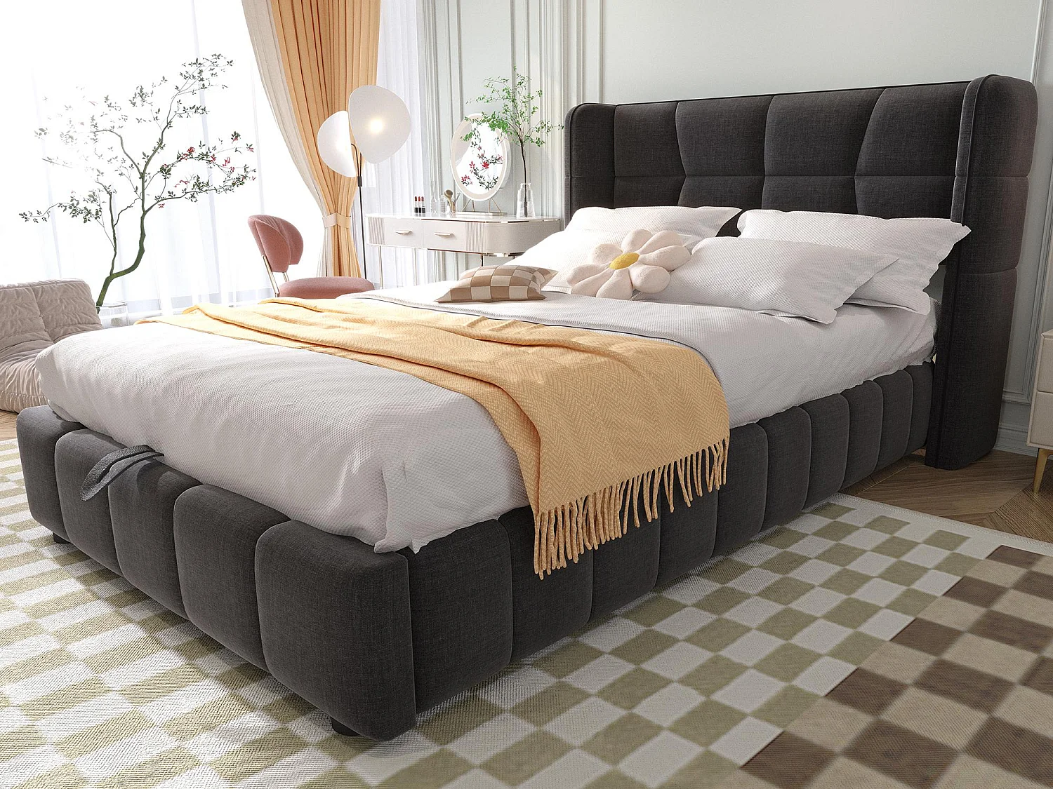Lit Coffre 90x200 - Lit Rembourré avec Sommier à Lattes, Grand Espace de Rangement, Revêtement en Lin, Cadre en Métal