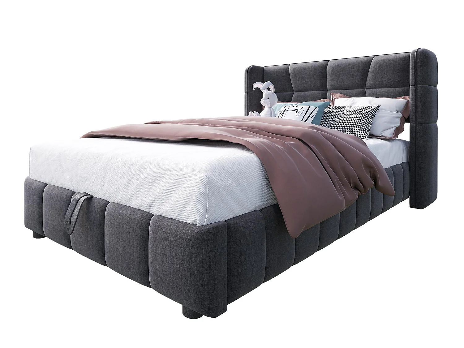 Lit Coffre 90x200 - Lit Rembourré avec Sommier à Lattes, Grand Espace de Rangement, Revêtement en Lin, Cadre en Métal