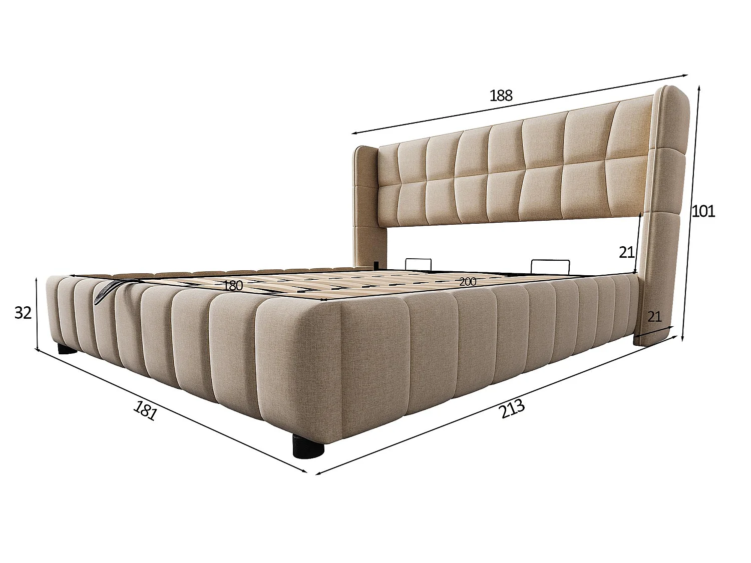 Lit Coffre 180x200 - Lit Rembourré avec Sommier à Lattes, Grand Espace de Rangement, Revêtement en Lin, Cadre en Métal, Beige
