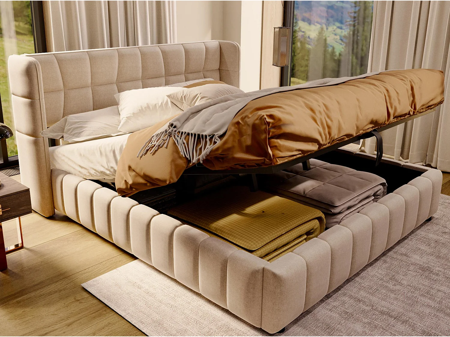 Lit Coffre 180x200 - Lit Rembourré avec Sommier à Lattes, Grand Espace de Rangement, Revêtement en Lin, Cadre en Métal, Beige