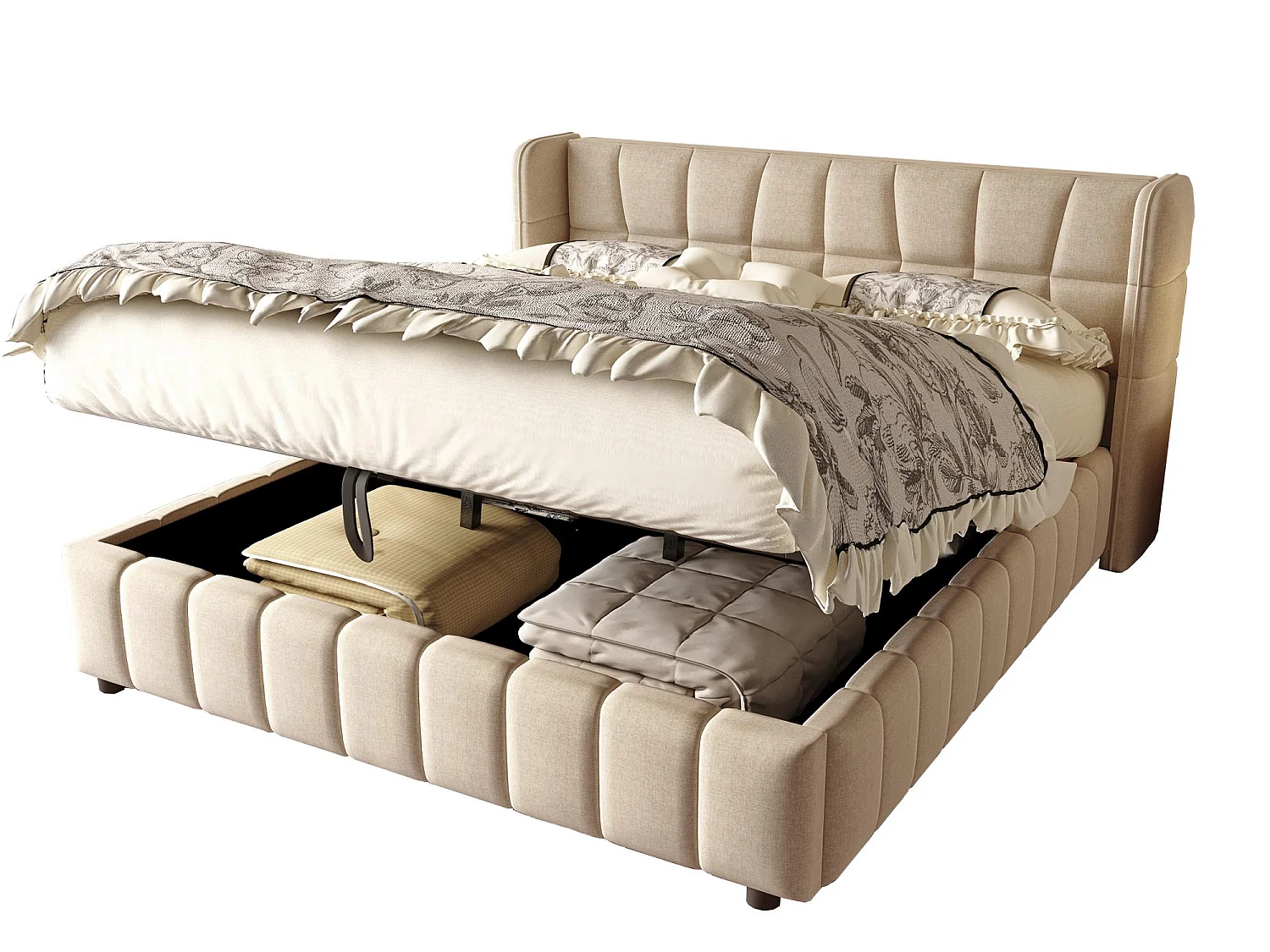 Lit Coffre 180x200 - Lit Rembourré avec Sommier à Lattes, Grand Espace de Rangement, Revêtement en Lin, Cadre en Métal, Beige