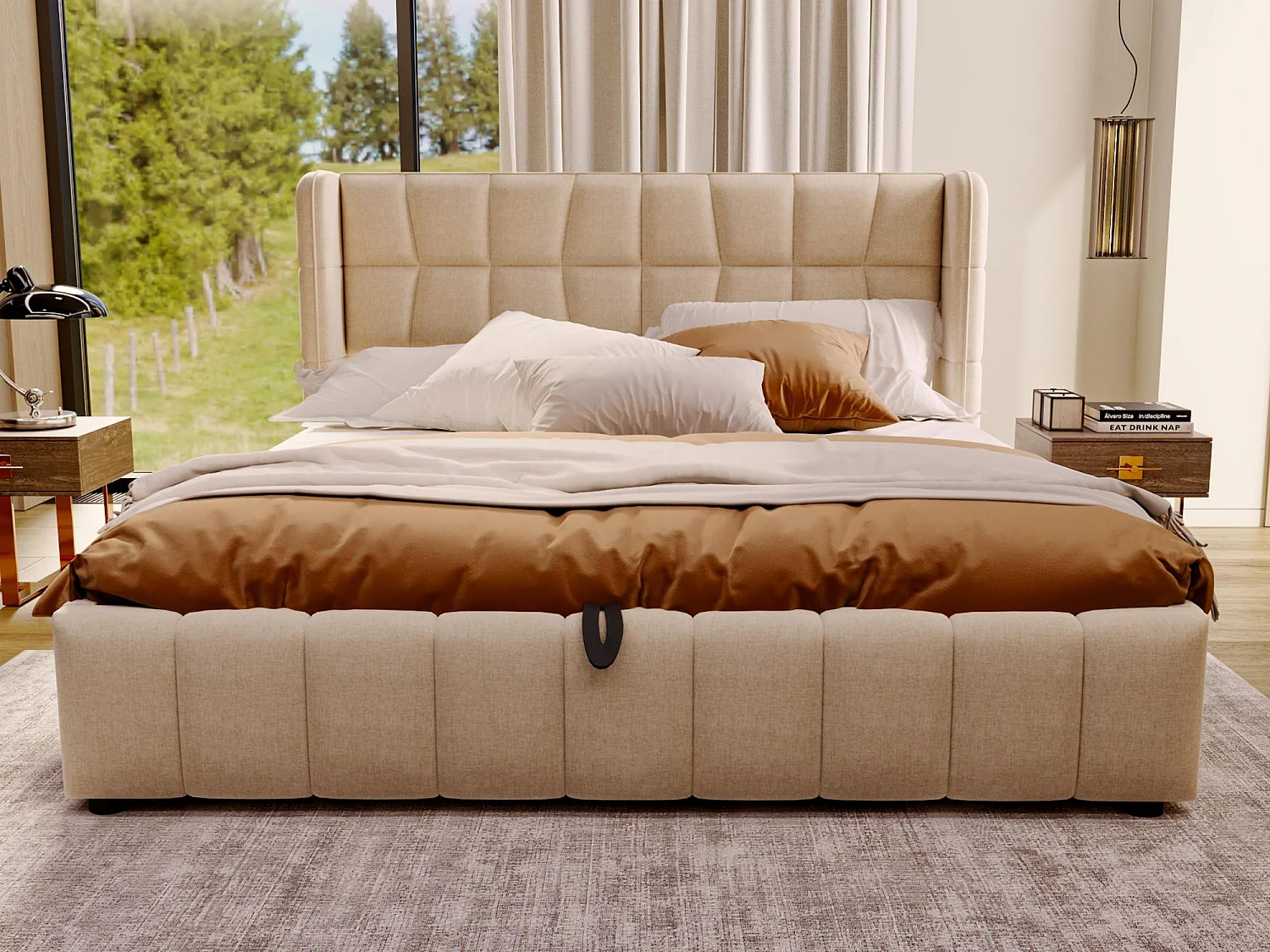 Lit Coffre 180x200 - Lit Rembourré avec Sommier à Lattes, Grand Espace de Rangement, Revêtement en Lin, Cadre en Métal, Beige