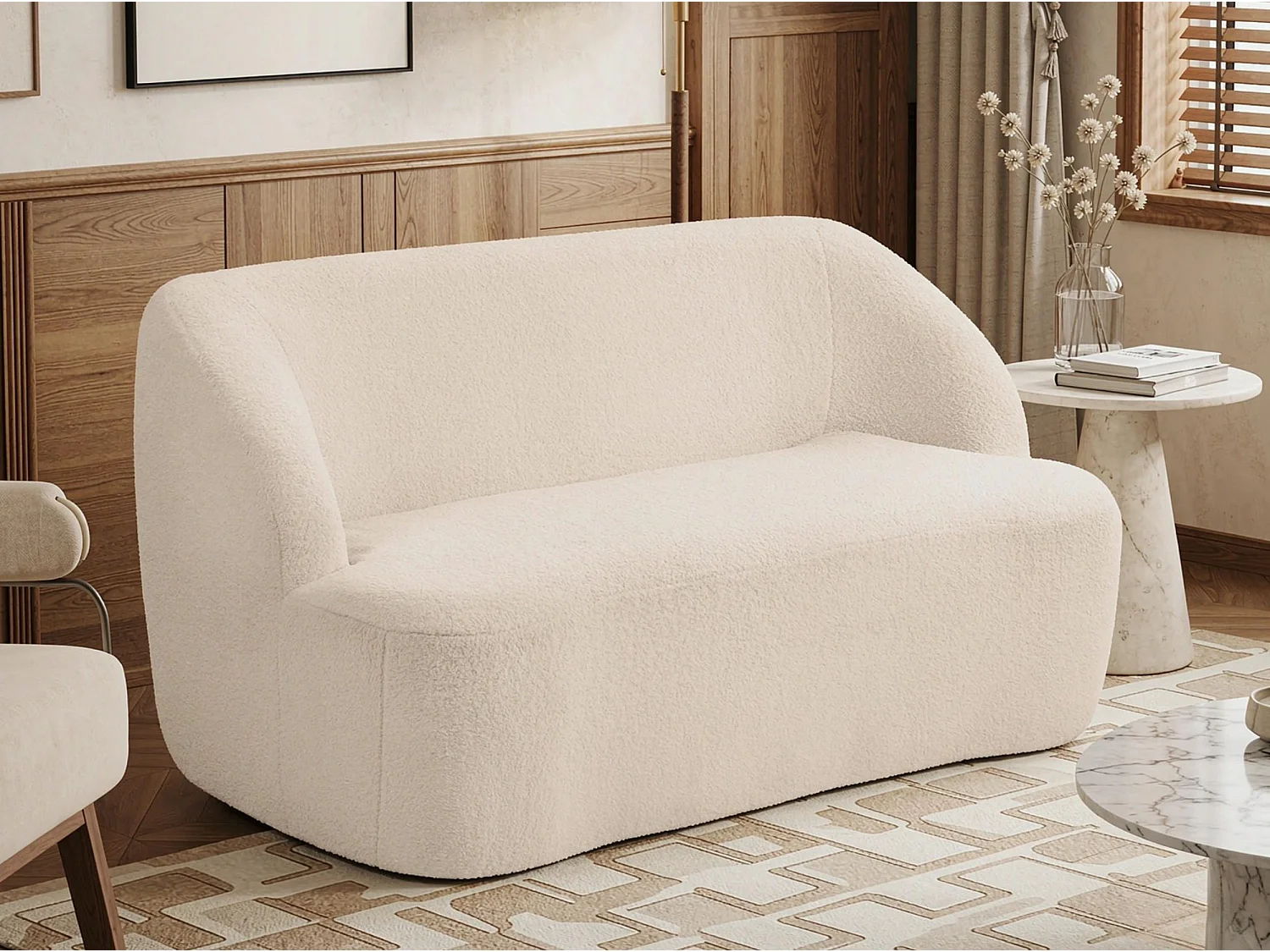 Canape 2 Places Bouclette | Canapé Salon Confortable | Tissu Bouclé Tendance | Dossier 16 cm | Mousse Haute Densité | Base Antidérapante | 220 kg