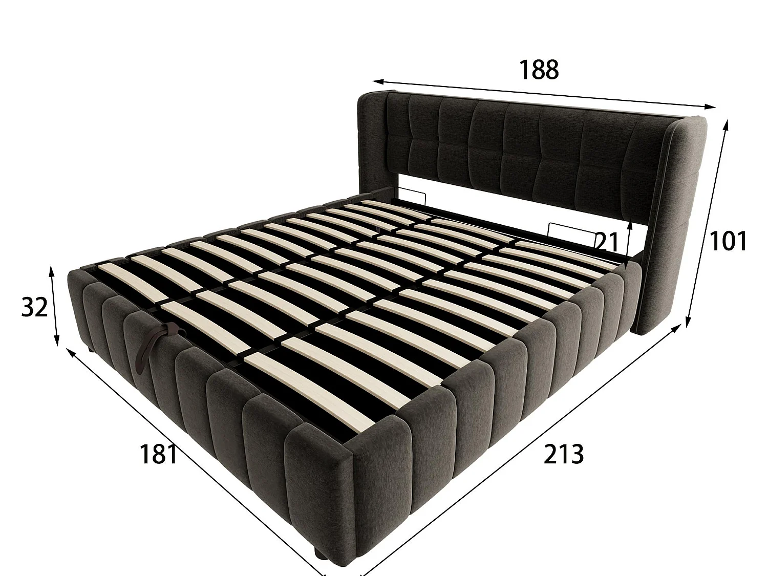 Lit Coffre 180x200 - Lit Rembourré avec Sommier à Lattes, Grand Espace de Rangement, Revêtement en Lin, Cadre en Métal, Gris