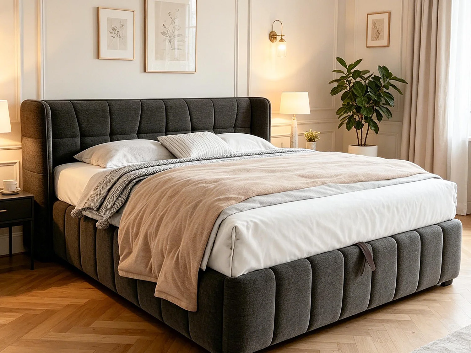 Lit Coffre 180x200 - Lit Rembourré avec Sommier à Lattes, Grand Espace de Rangement, Revêtement en Lin, Cadre en Métal, Gris