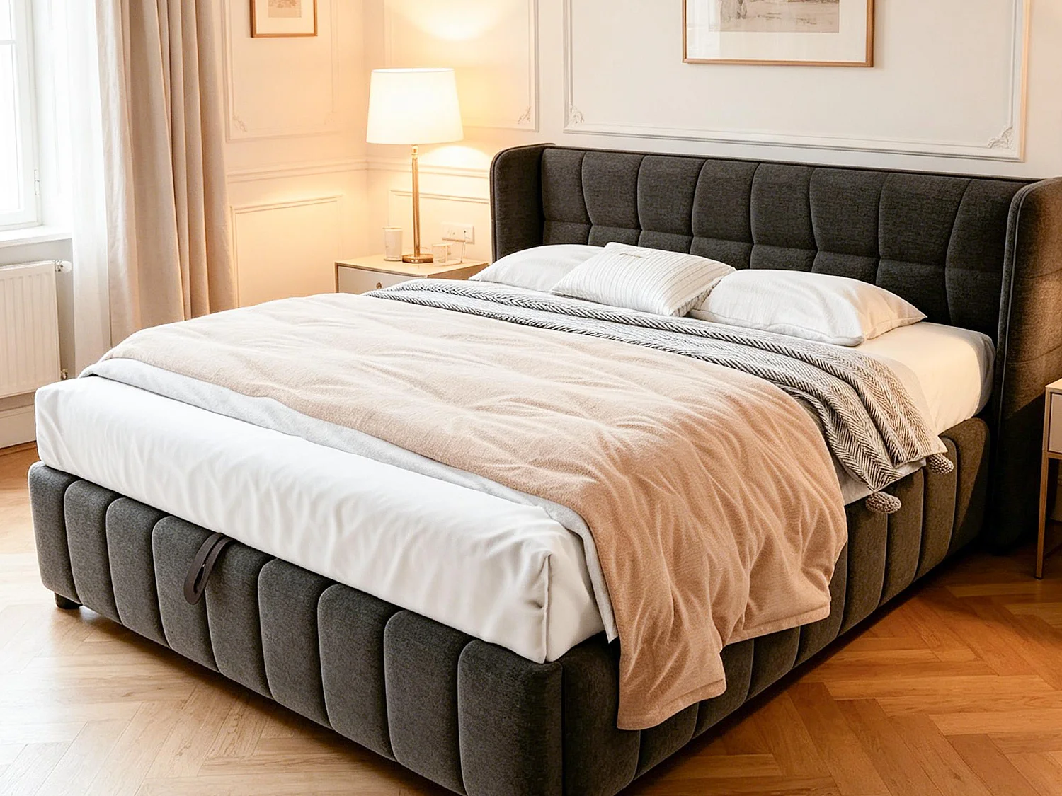 Lit Coffre 180x200 - Lit Rembourré avec Sommier à Lattes, Grand Espace de Rangement, Revêtement en Lin, Cadre en Métal, Gris