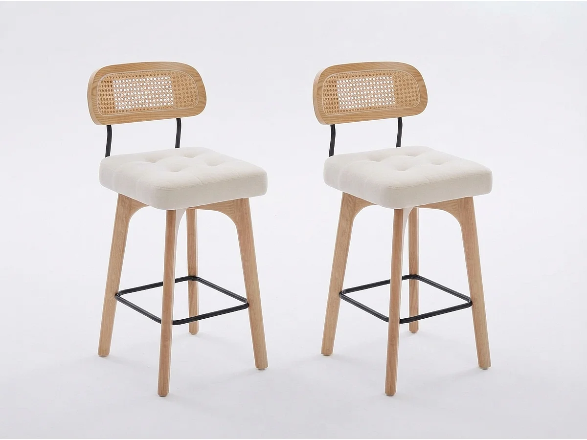 Lot de 2 Tabourets de Bar Pivotants avec Dossier Effet Rotin et Assise en Chenille Beige, Piètement Bois et Métal, Design pour Îlot Central et Cuisine