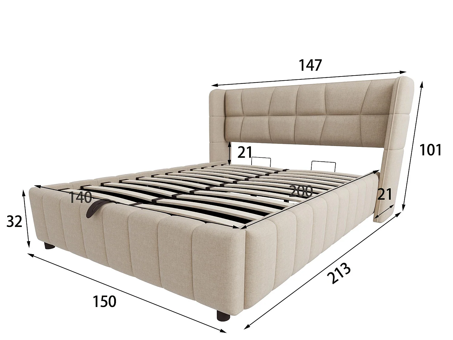Lit Coffre 140x200 - Lit Rembourré avec Sommier à Lattes, Grand Espace de Rangement, Revêtement en Lin, Cadre en Métal, Beige