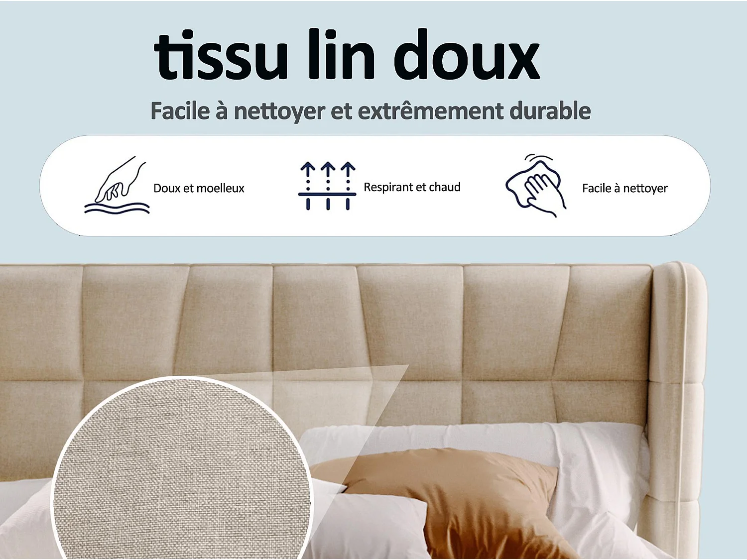 Lit Coffre 140x200 - Lit Rembourré avec Sommier à Lattes, Grand Espace de Rangement, Revêtement en Lin, Cadre en Métal, Beige