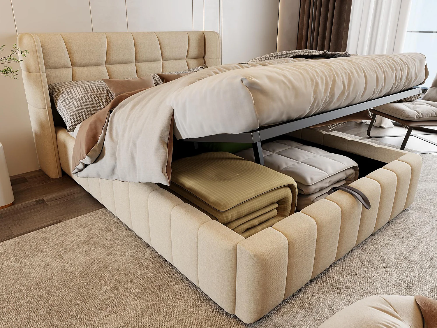 Lit Coffre 140x200 - Lit Rembourré avec Sommier à Lattes, Grand Espace de Rangement, Revêtement en Lin, Cadre en Métal, Beige