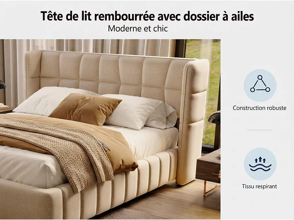 Lit Coffre 140x200 - Lit Rembourré avec Sommier à Lattes, Grand Espace de Rangement, Revêtement en Lin, Cadre en Métal, Beige