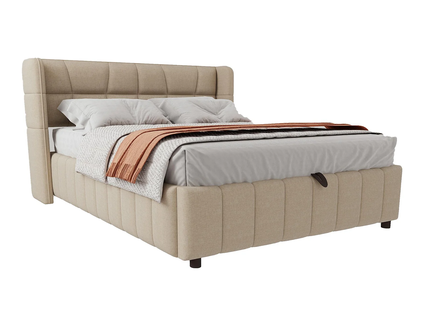 Lit Coffre 140x200 - Lit Rembourré avec Sommier à Lattes, Grand Espace de Rangement, Revêtement en Lin, Cadre en Métal, Beige