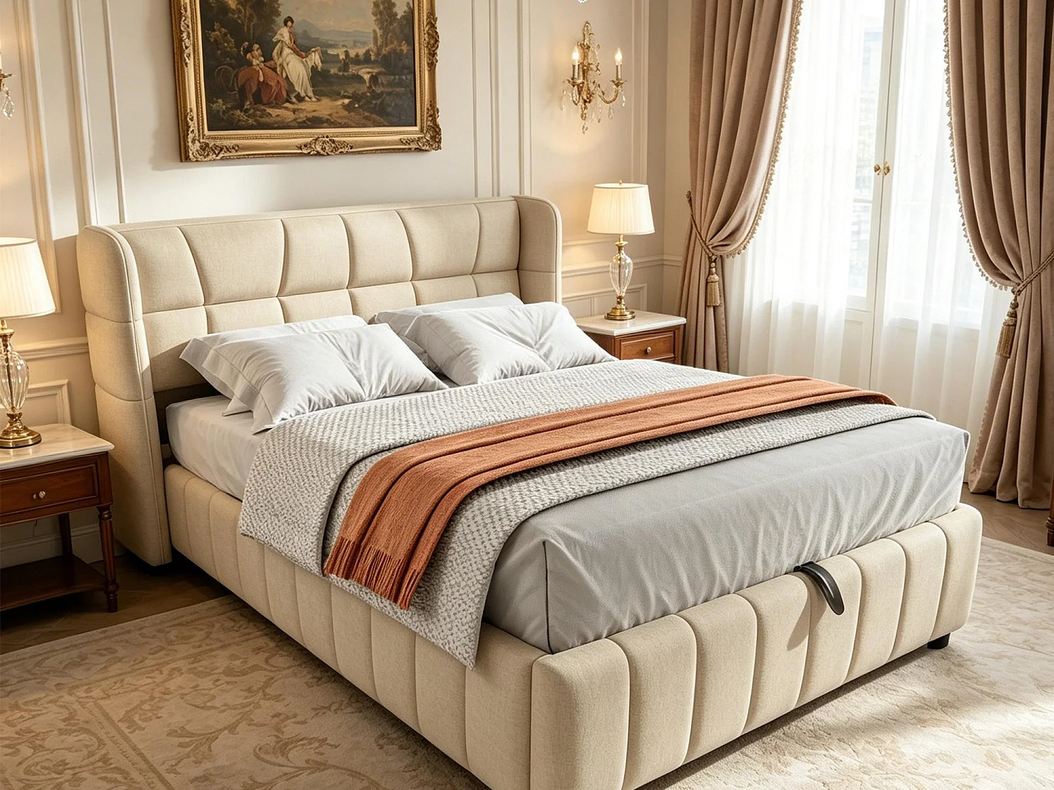 Lit Coffre 140x200 - Lit Rembourré avec Sommier à Lattes, Grand Espace de Rangement, Revêtement en Lin, Cadre en Métal, Beige