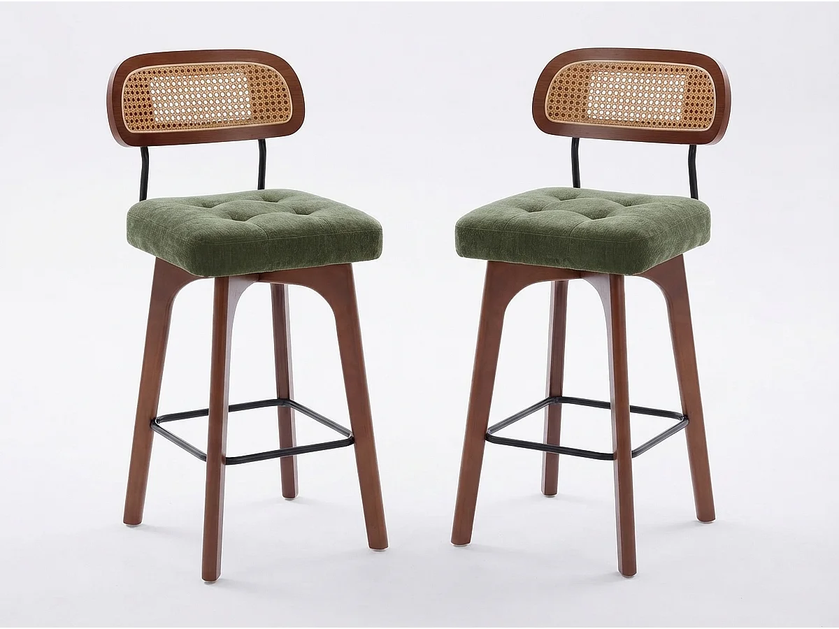 Lot de 2 Tabourets de Bar Pivotants avec Dossier Effet Rotin et Assise en Chenille Beige, Piètement Bois et Métal, Design pour Îlot Central et Cuisine
