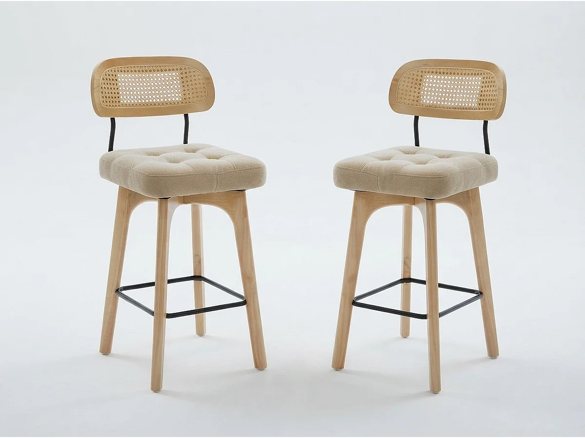 Lot de 2 Tabourets de Bar Pivotants avec Dossier Effet Rotin et Assise en Chenille Beige, Piètement Bois et Métal, Design pour Îlot Central et Cuisine